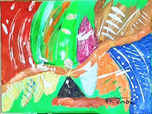 ETINCELLES DE COULEURS VOLCANIQUE AUX MONNAIES 30×40 cm Inclusion monnaie  (clic sur image)